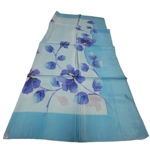 Handpainted Silk Scarf Batik Scarf Large Blue Floral Square Scarf - NEW - Picture 1 of 12